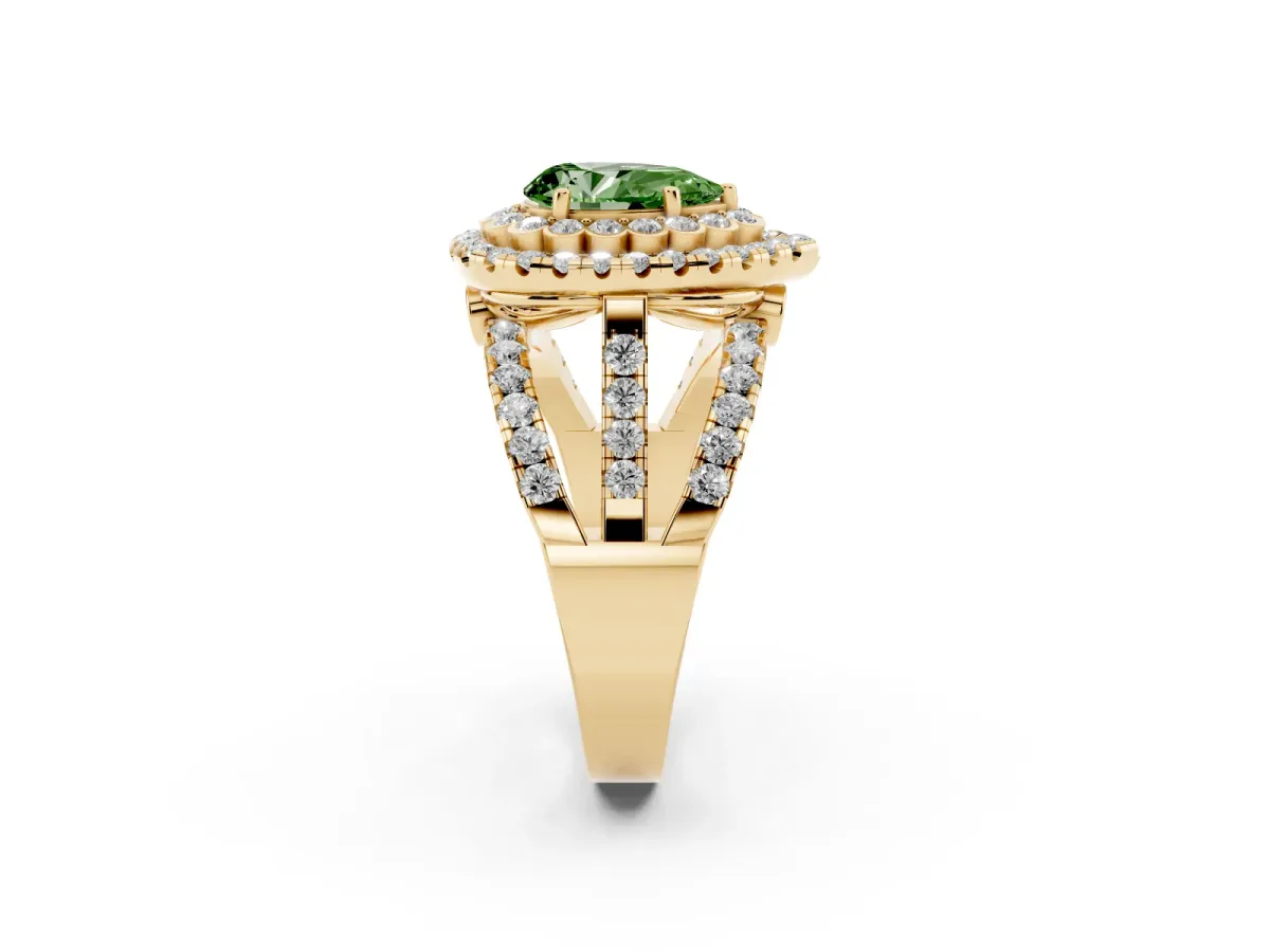 Fancy Green Pear Cut Diamond Double Halo Ring with Round Pavé Split Shank and Prong Setting Yellow gold