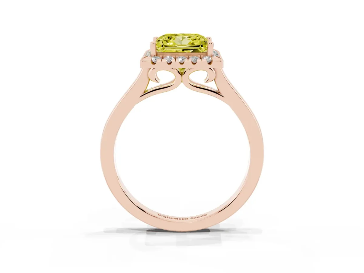 Fancy Yellow Princess Cut Halo Round Diamond Solitaire Ring with Pavé Band and Four-Prong Setting Rose gold