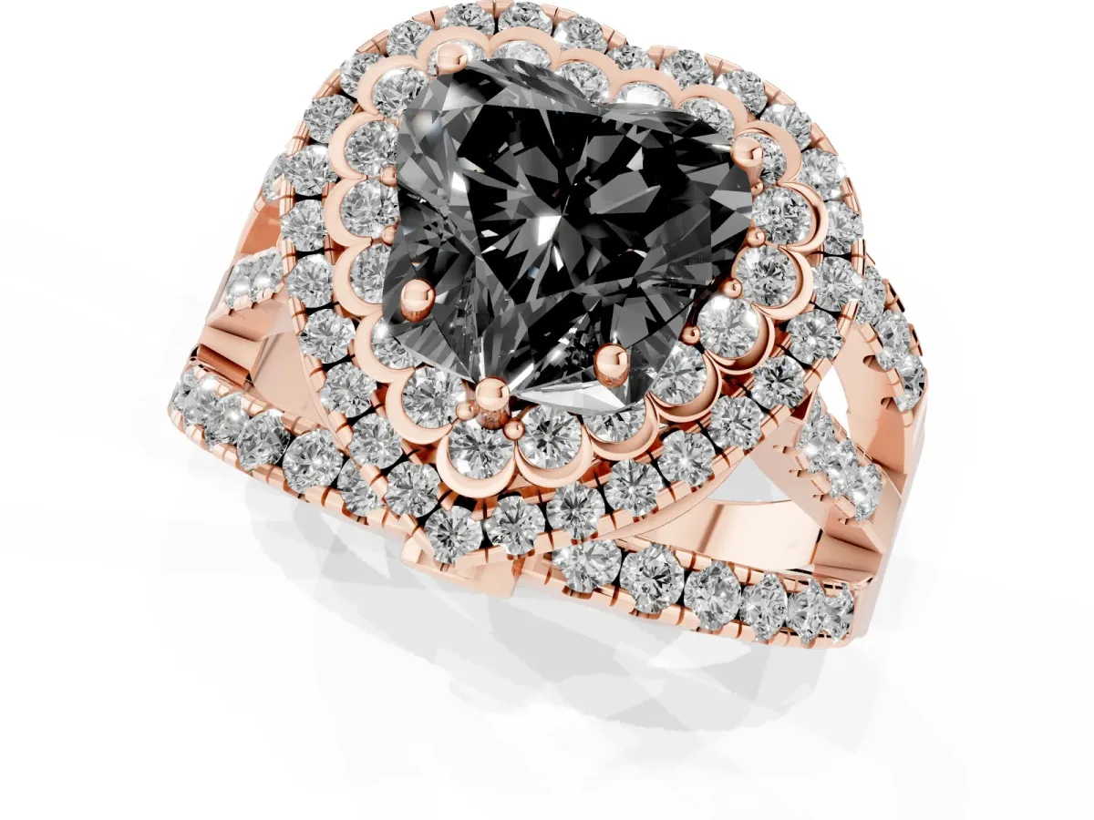 Fancy Black Heart Cut Diamond Double Halo Ring with Round Pavé Split Shank and Prong Setting Rose gold