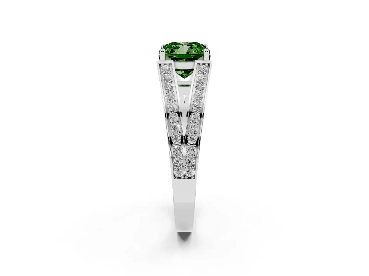 Fancy Green Cushion Cut Diamond Split Shank Ring with Pavé Band and Four-Prong Setting Silver