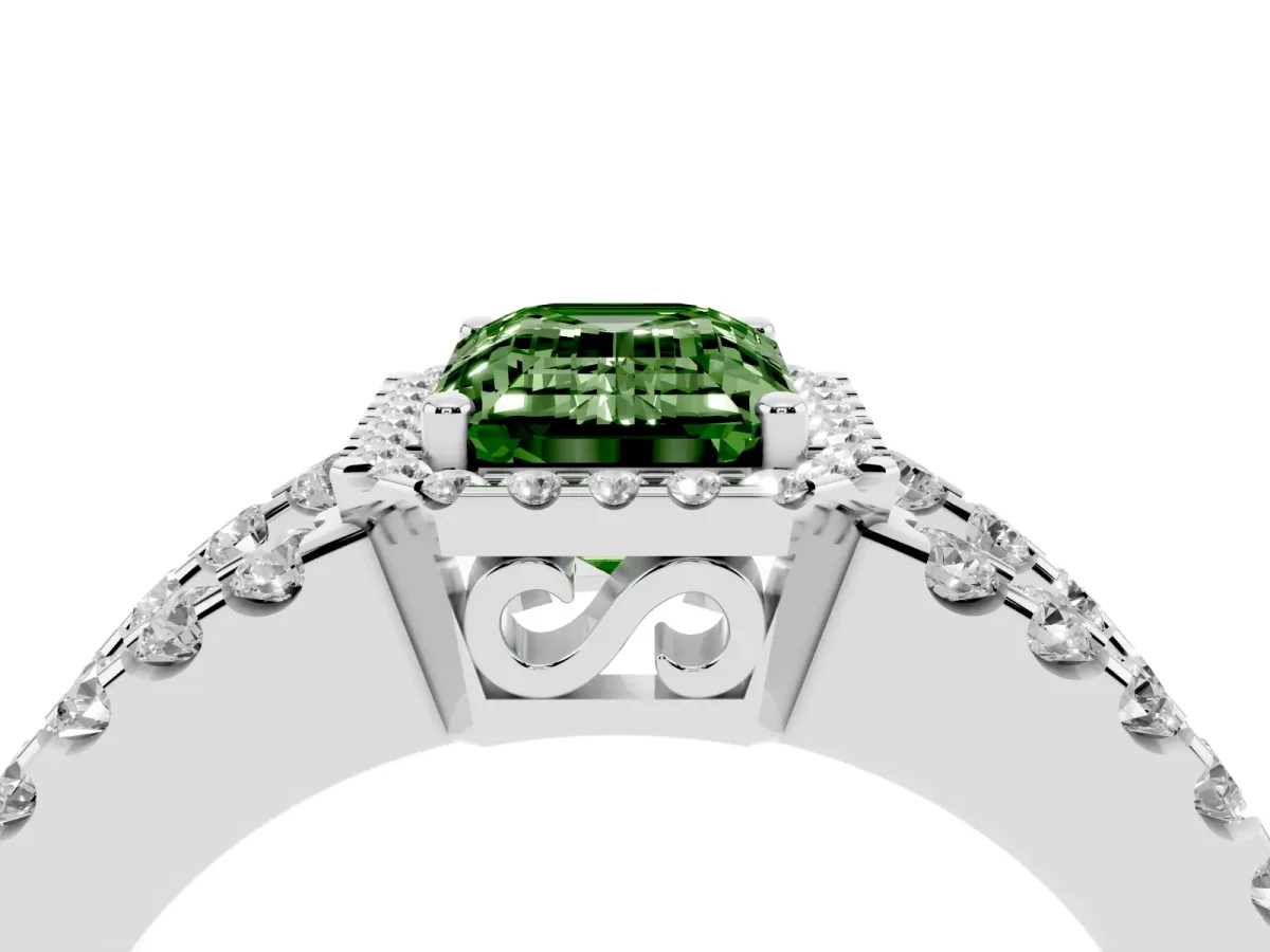 Fancy Green Emerald Cut Cut Halo Split Shank Diamond Ring with Four-Prong Setting Platinum