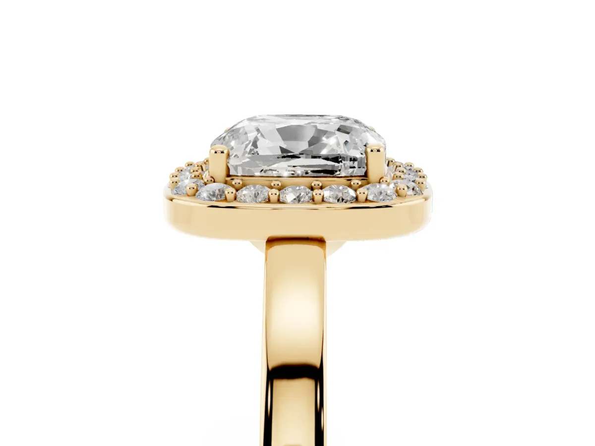 Cushion Cut Halo Diamond Ring with Solitaire Band and Prong Setting Yellow gold