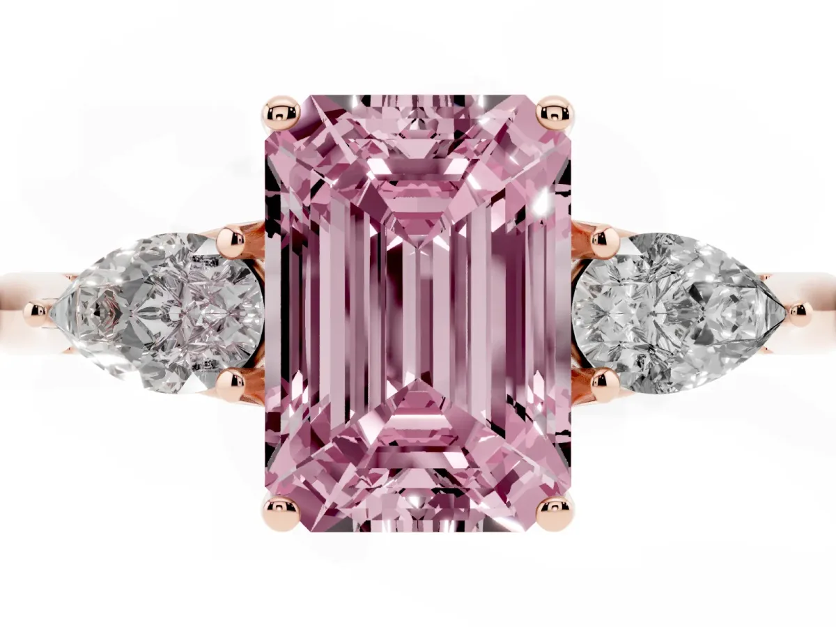 Fancy Pink Emerald Cut Diamond Three-Stone Ring with Pear Side Stones and Prong Setting Rose gold