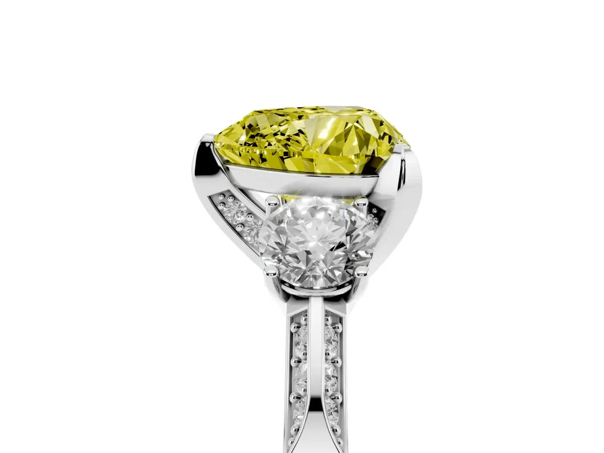 Fancy Yellow Heart Cut Brilliant Three-Stone Diamond Ring with Pavé Band and Four-Prong Setting Silver