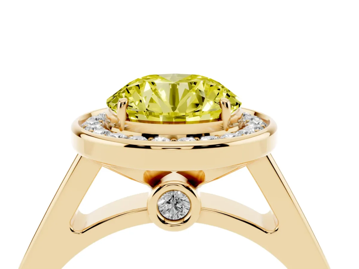 Fancy Yellow Round Cut Halo Solitaire Diamond Ring with Pave Band and Bezel Setting Yellow gold