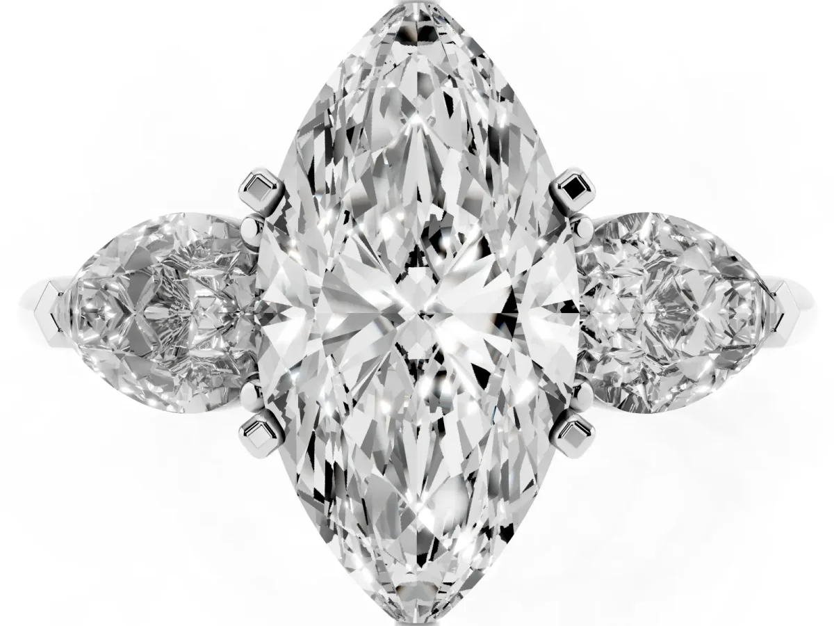 Three-Stone Marquise Cut Diamond Ring with Pear Side Stones and Four-Prong Setting Silver