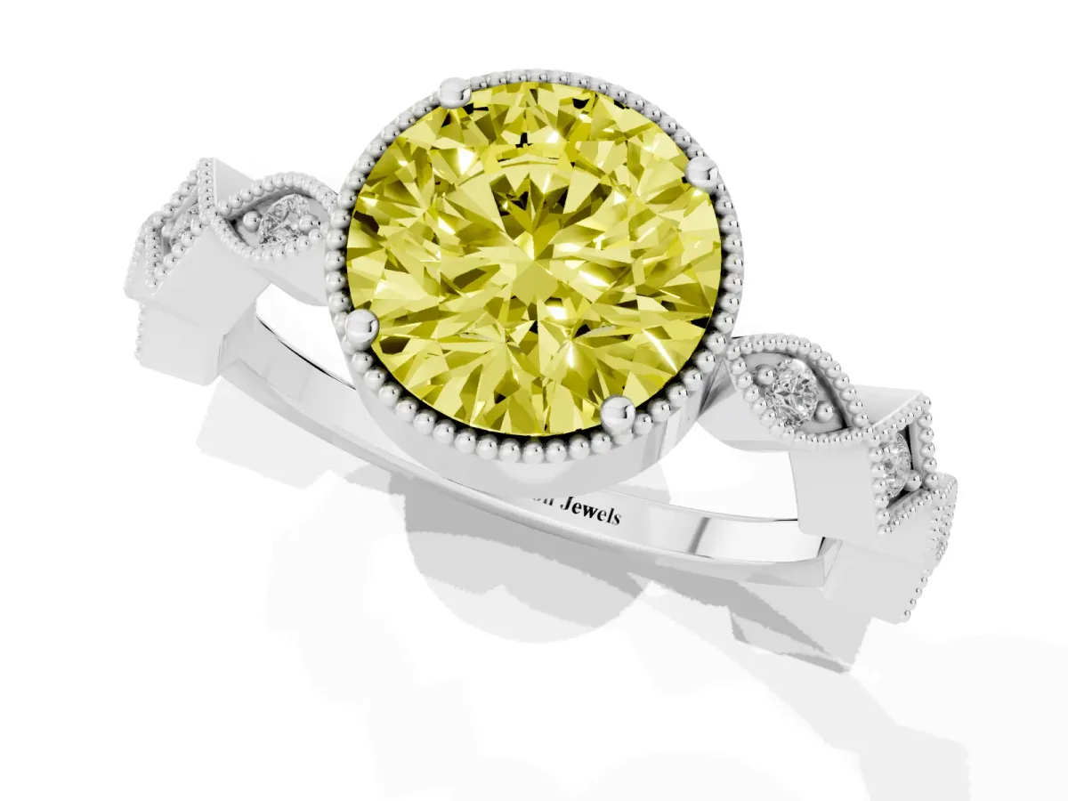 Fancy Yellow Round Cut Milgrain Marquise Diamond Twist Band Ring Silver