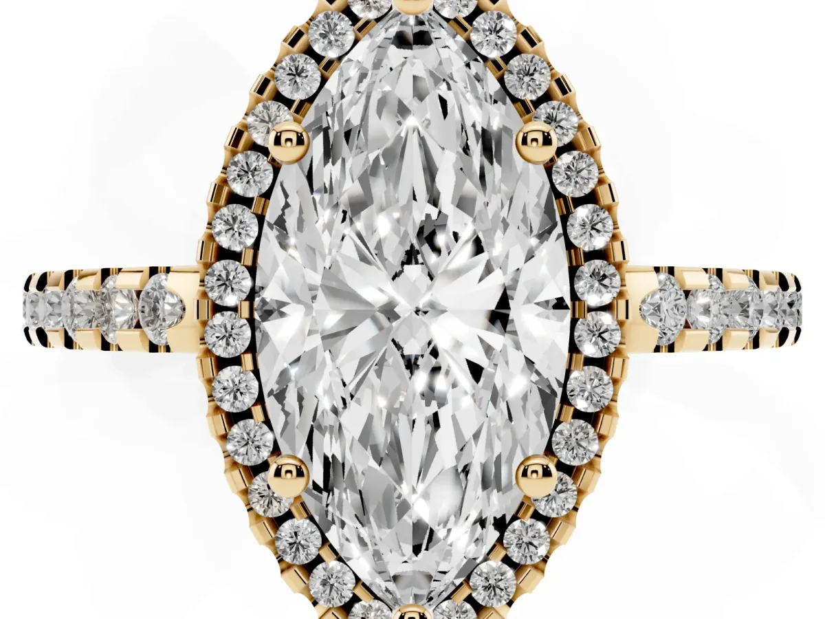 Marquise Cut Diamond Halo Engagement Ring with Pavé Band and Prong Setting Yellow gold
