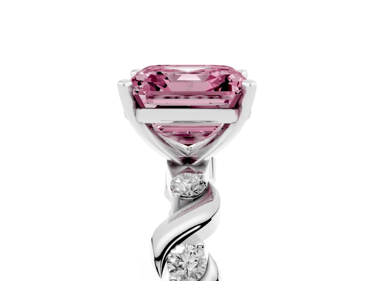 Fancy Pink Asscher Cut Diamond Solitaire Twisted Band with Round Accents and Prong Setting Silver