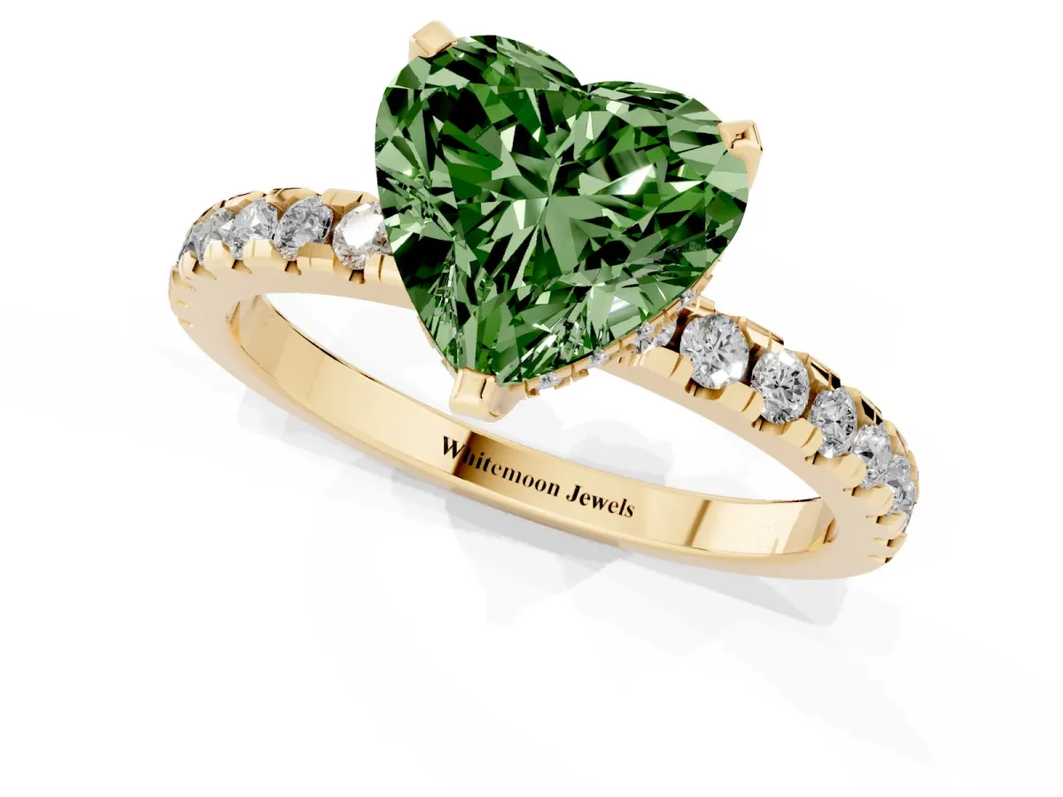 Fancy Green Heart Cut Diamond Solitaire Ring with Round Pavé Band and Four-Prong Setting Yellow gold