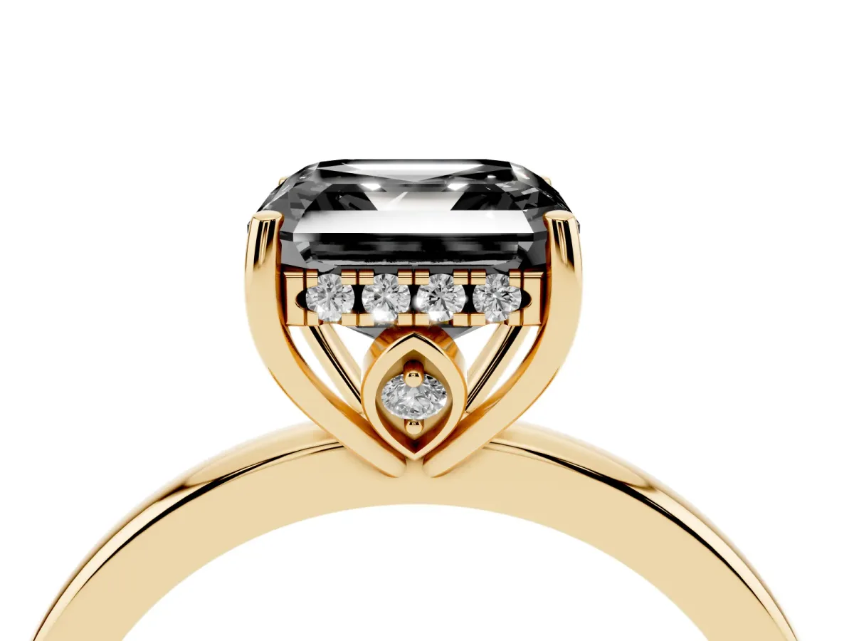 Fancy Black Asscher Cut Solitaire Diamond Ring with Prong Setting and Plain Band Yellow gold