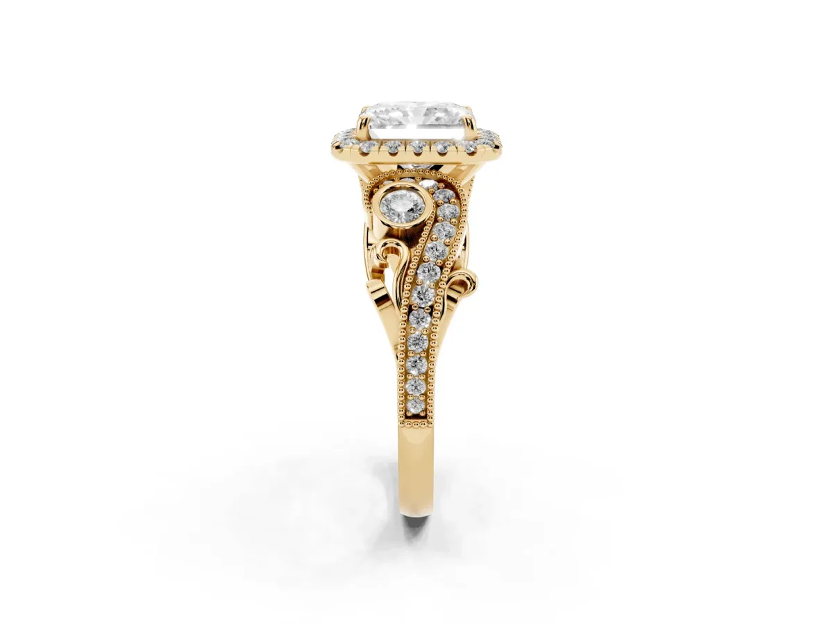 Radiant Cut Diamond Halo Ring with Milgrain Pavé Band and Four-Prong Setting Yellow gold