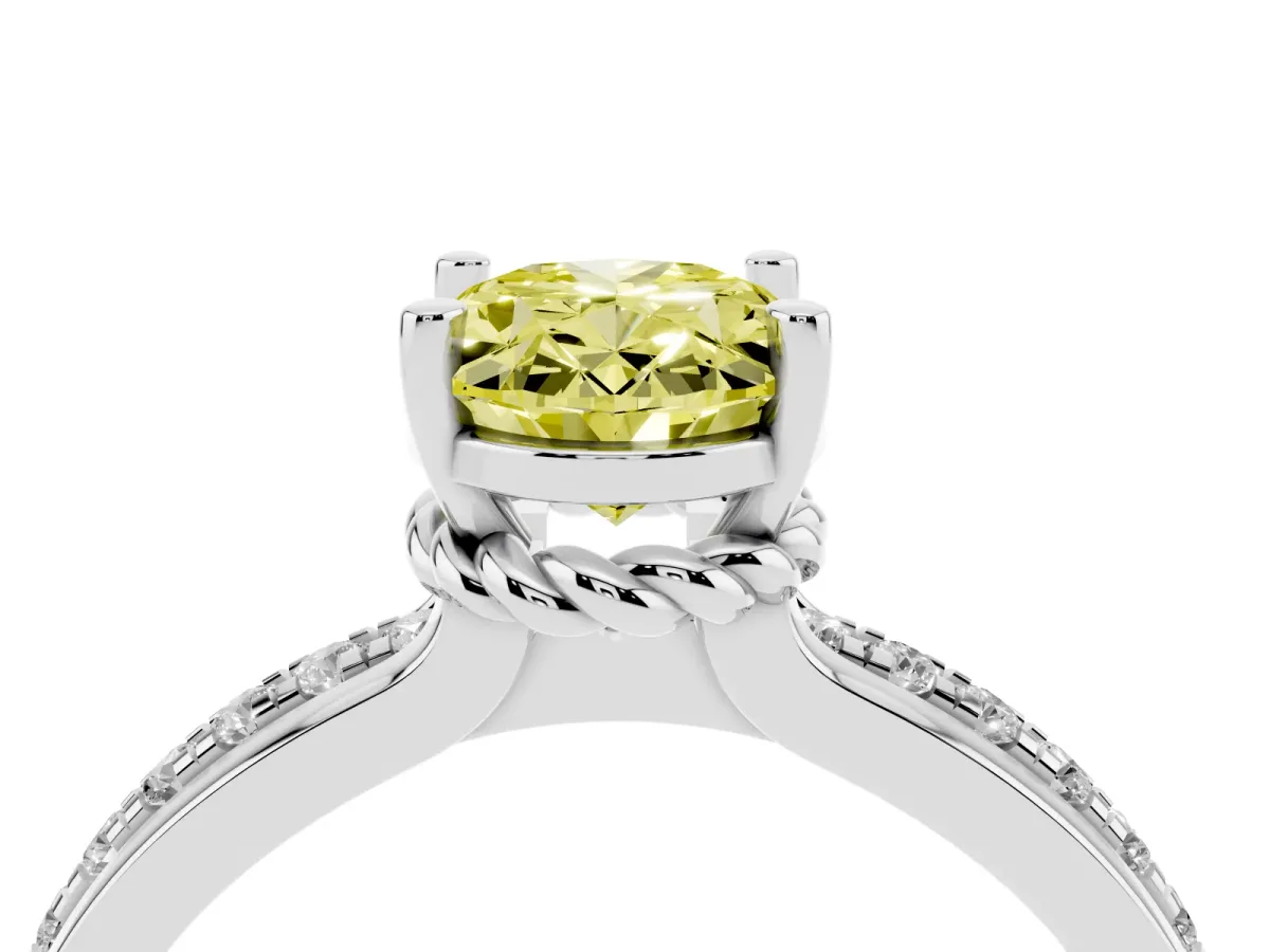 Fancy Yellow Oval Cut Solitaire Diamond Ring with Channel Set Band and Six-Prong Setting Silver