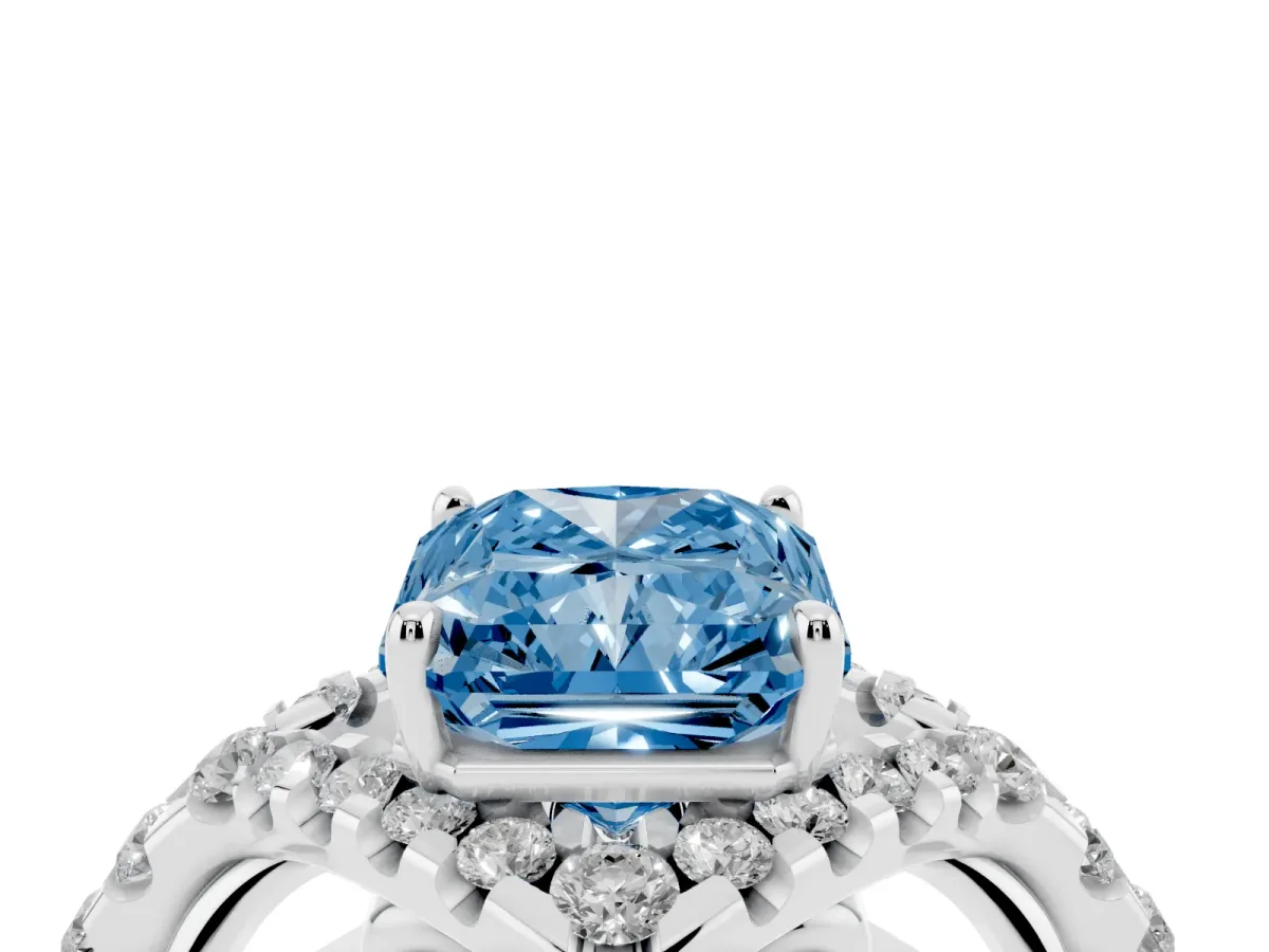 Fancy Blue Radiant Cut Diamond Solitaire Ring with Hidden Halo and Pavé Band White gold
