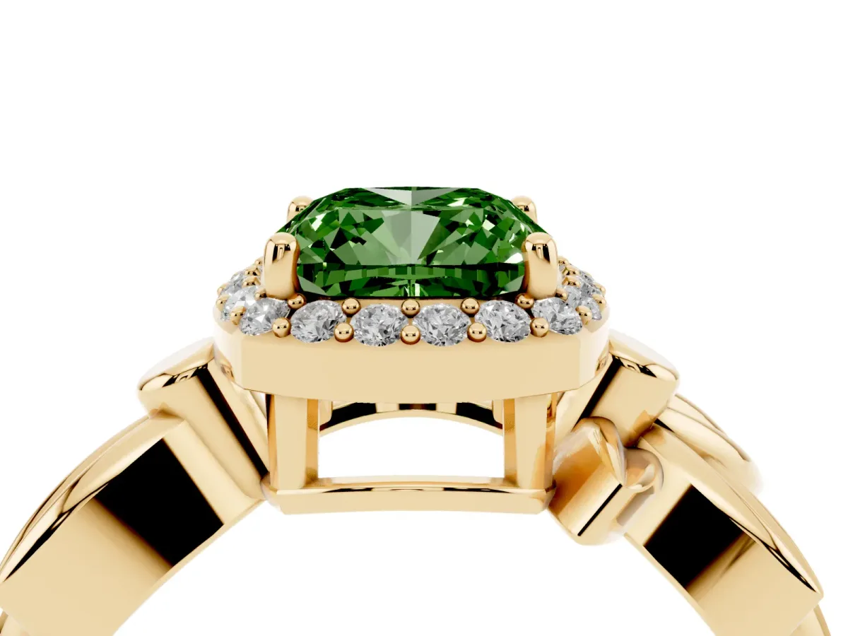 Fancy Green Cushion Cut Halo Diamond Floral Band with Four-Prong Setting Yellow gold