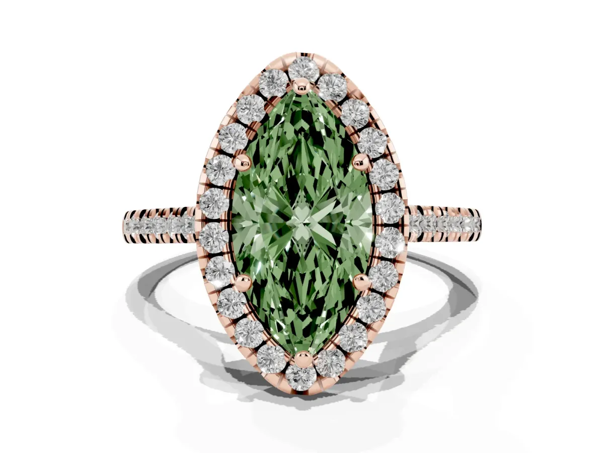Fancy Green Marquise Cut Diamond Cushion Halo Ring with Pavé Band Rose gold