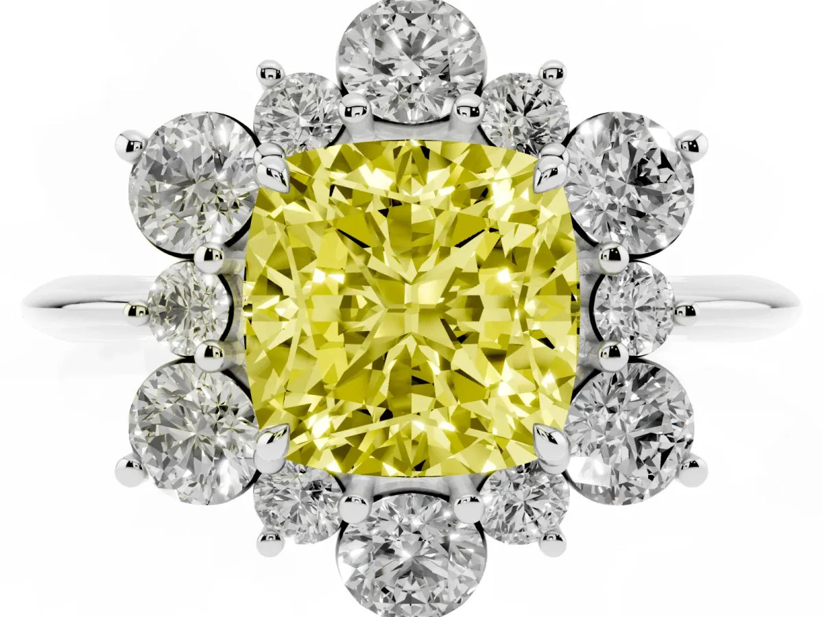 Fancy Yellow Cushion Cut Diamond Cluster Halo Ring with Solitaire Band and Four-Prong Setting Platinum