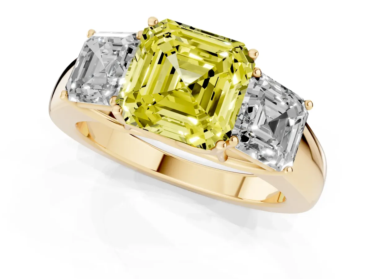 Fancy Yellow Three-Stone Asscher Cut Cut Diamond Ring with Prong Setting and Classic Band Yellow gold