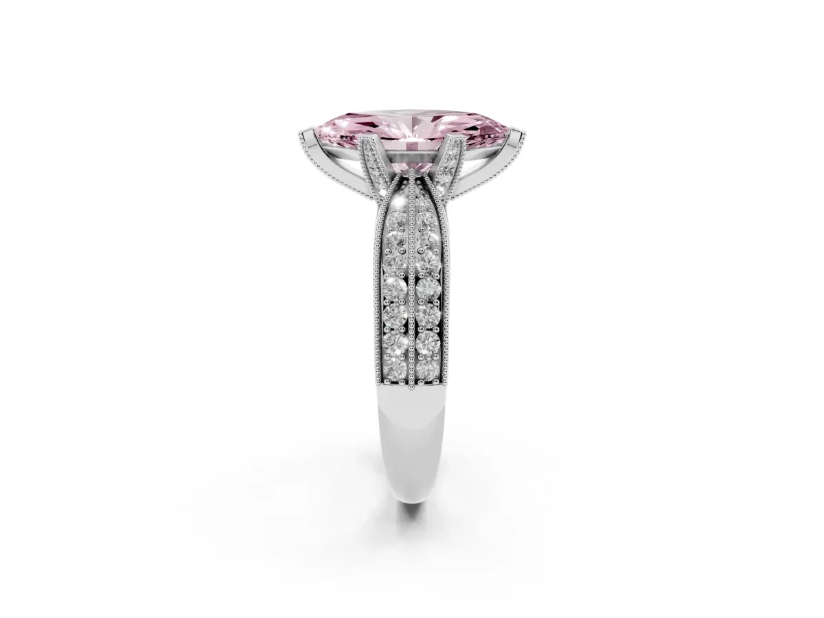 Fancy Pink Marquise Cut Diamond Solitaire Ring with Milgrain Round Pavé Band and Prong Setting Platinum