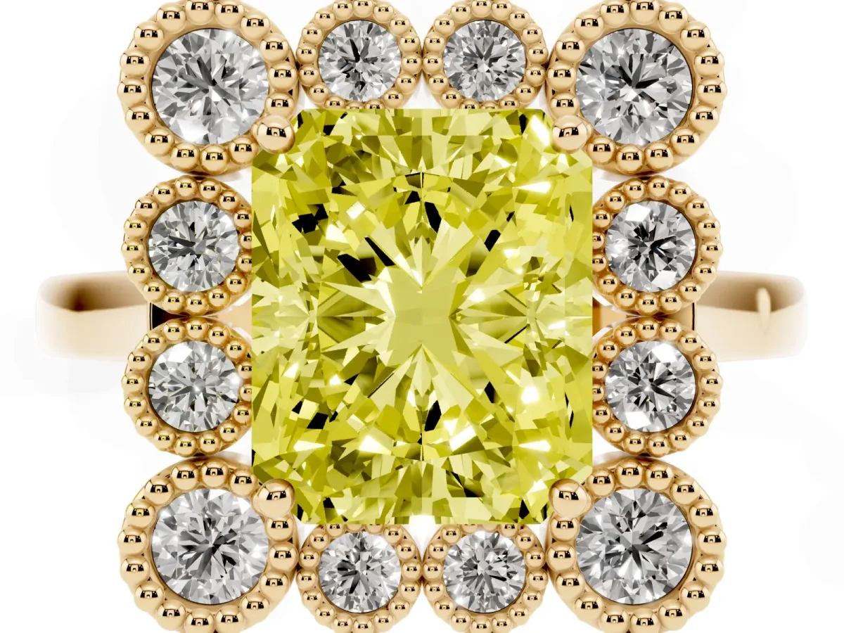 Fancy Yellow Radiant Cut Halo Diamond Cluster Engagement Ring with Milgrain Bezel Setting and Solitaire Band Yellow gold