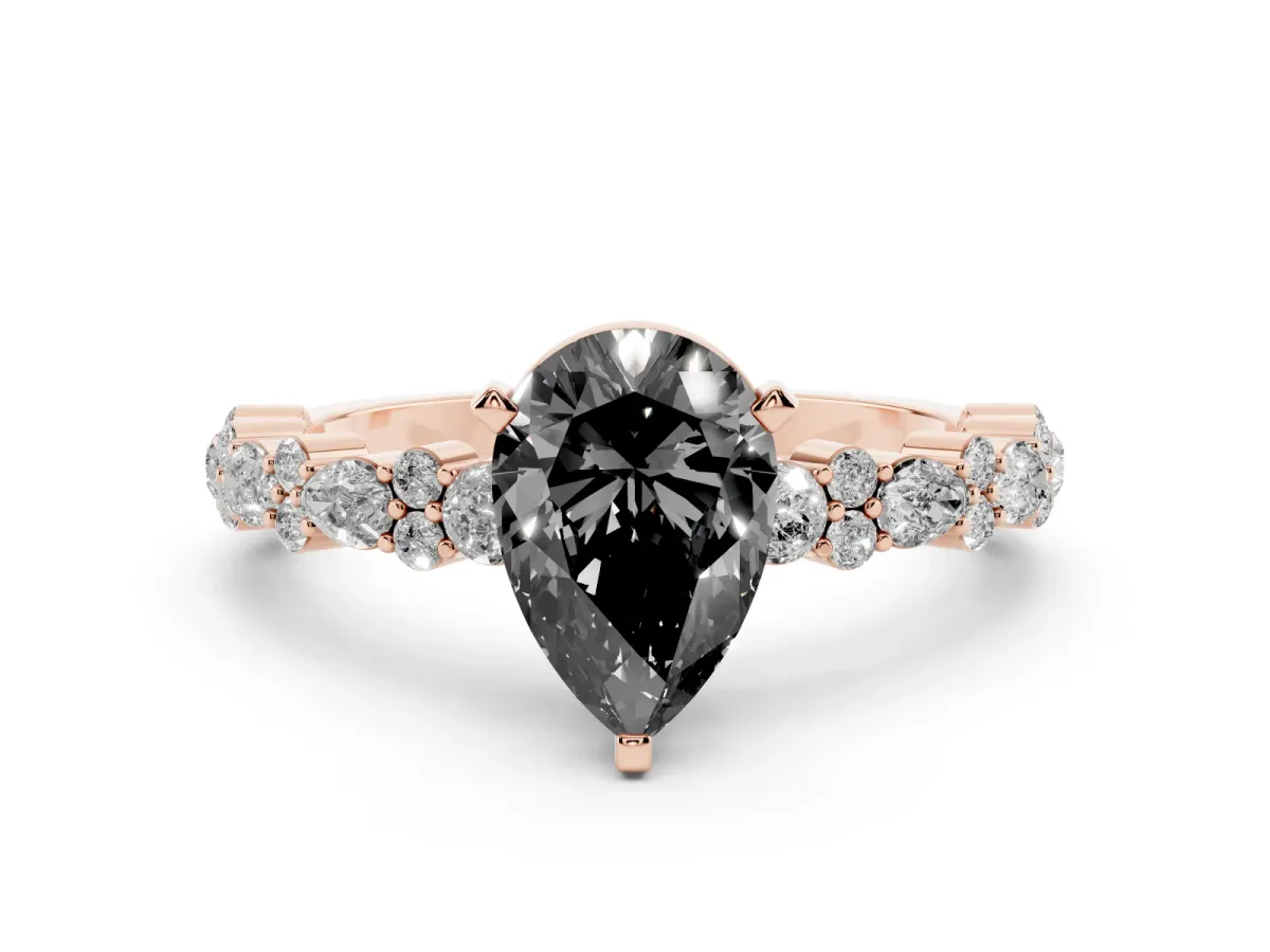Fancy Black Pear Cut Diamond Side Stone Solitaire Ring with Round and Four-Prong Setting Rose gold