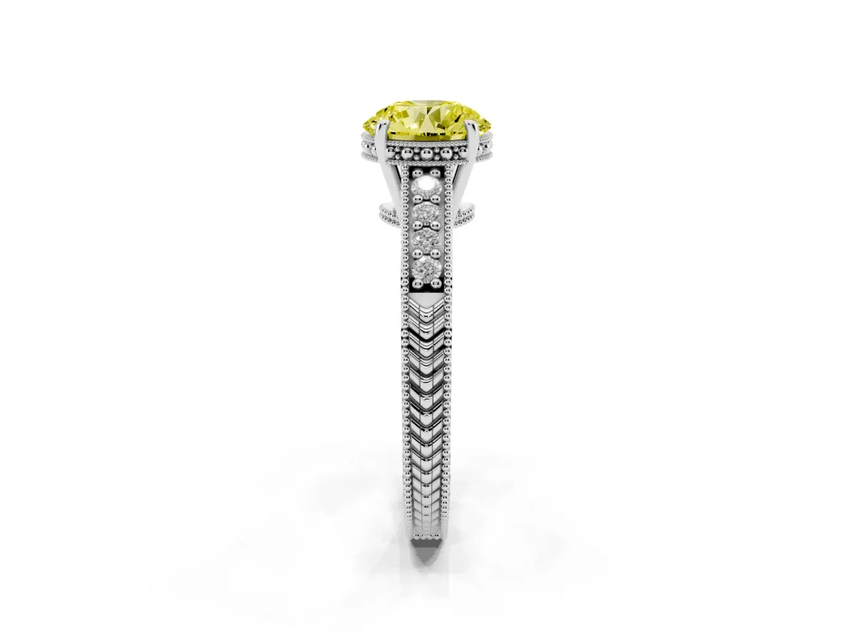 Fancy Yellow Round Cut Solitaire Pavé Diamond Milgrain Engagement Ring with Four-Prong Setting Silver