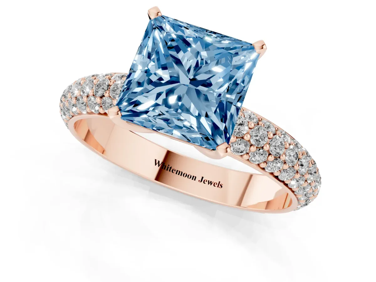 Fancy Blue Princess Cut Diamond Solitaire Ring with Prong Setting and Pavé Band Rose gold