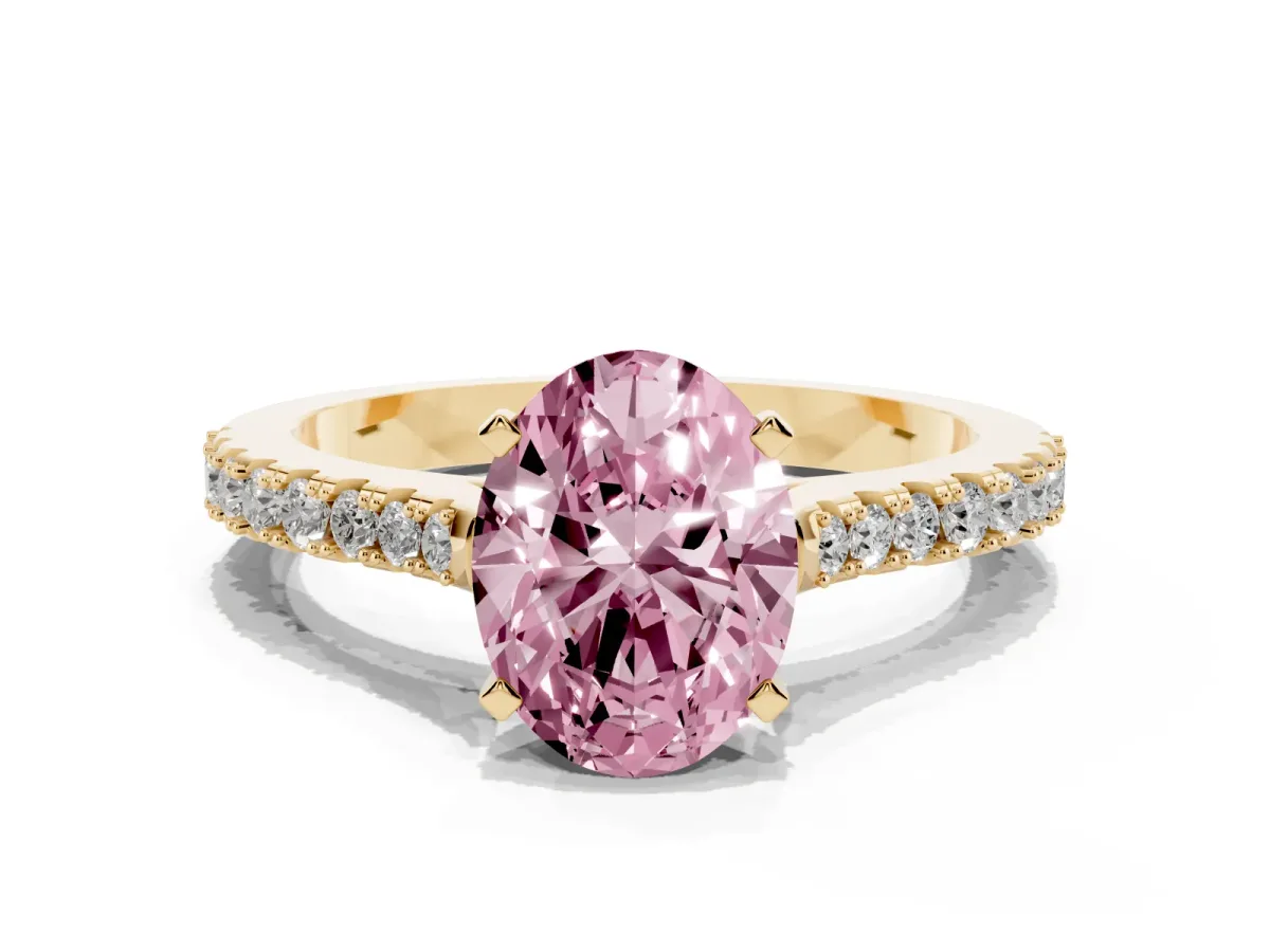 Fancy Pink Oval Cut Cut Solitaire Diamond Engagement Ring with Pave Band and Four-Prong Setting Yellow gold