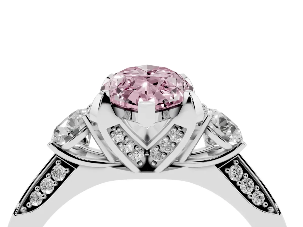 Fancy Pink Marquise Cut Brilliant Three-Stone Diamond Ring with Pavé Band and Four-Prong Setting Silver