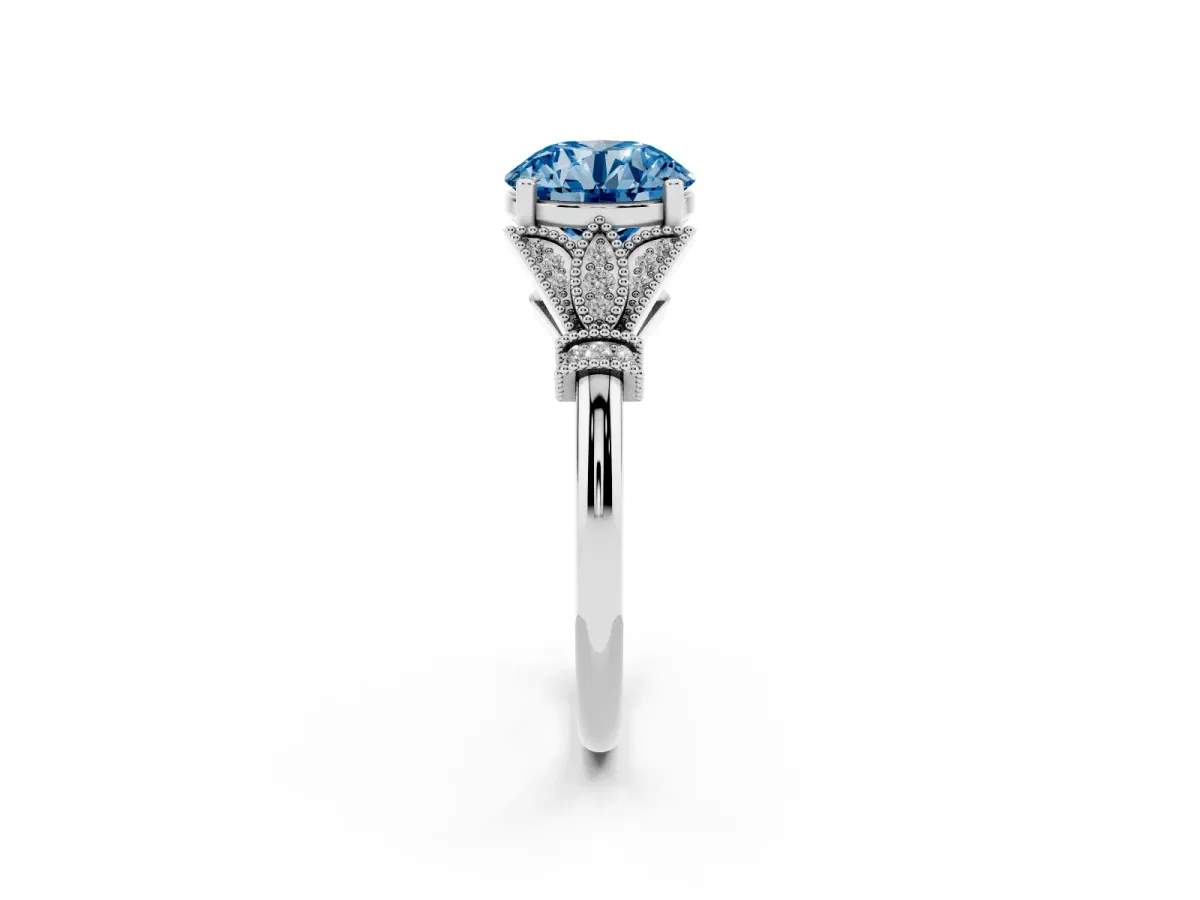 Fancy Blue Round Cut Diamond Solitaire Ring with Floral Filigree and Pave Accents White gold