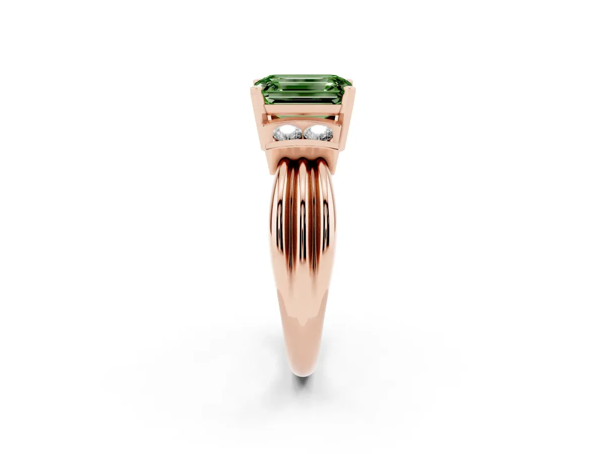 Fancy Green Emerald Cut Cut Three-Stone Channel Set Ring with Bar Prongs Rose gold