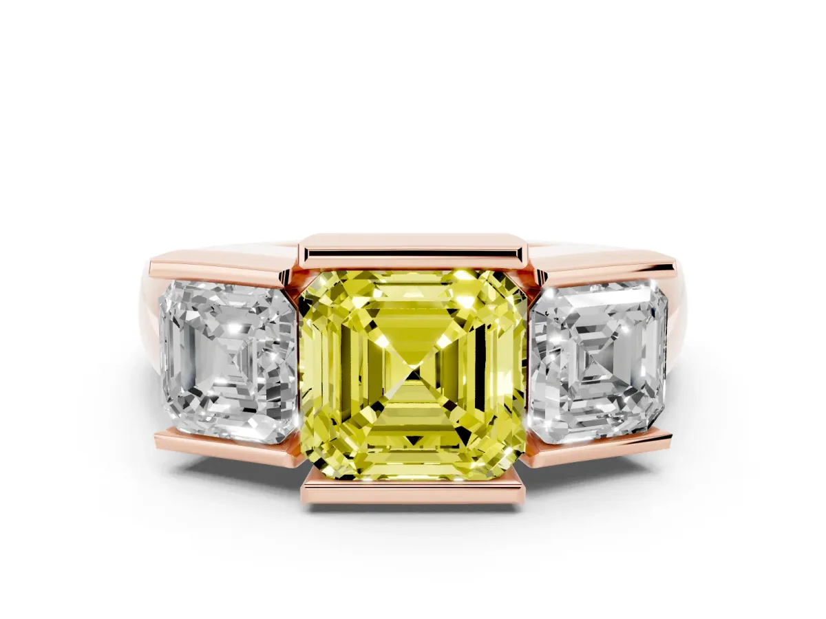 Fancy Yellow Three Stone Asscher Cut Cut Channel Set Diamond Ring Rose gold