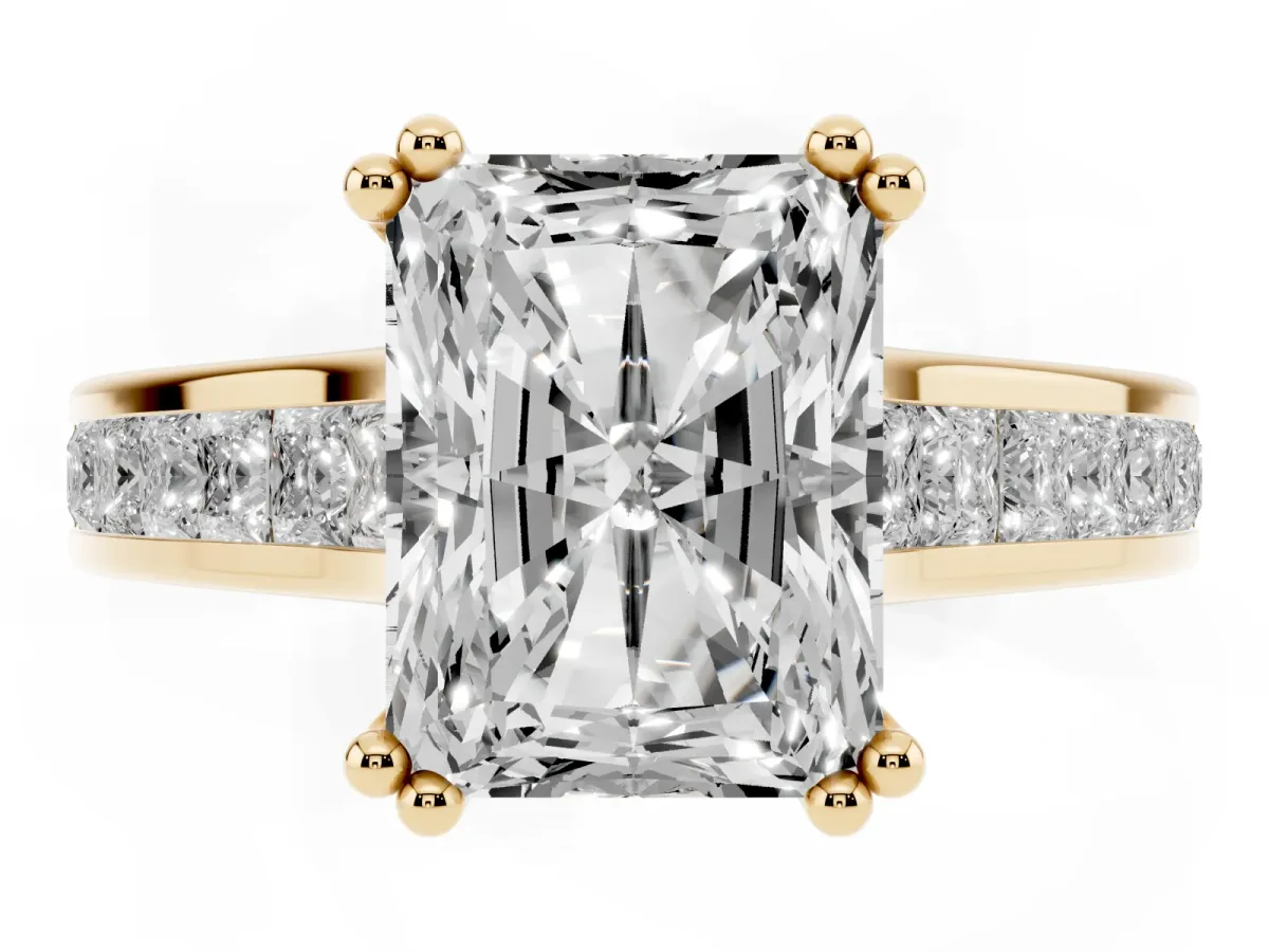 Radiant Cut Cut Channel Set Solitaire Engagement Ring with Prong Setting Yellow gold