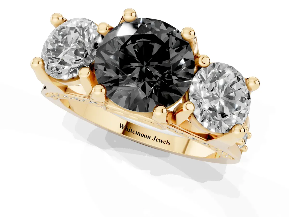 Fancy Black Round Cut Diamond Three-Stone Ring with Channel Set Band and Four-Prong Setting Yellow gold
