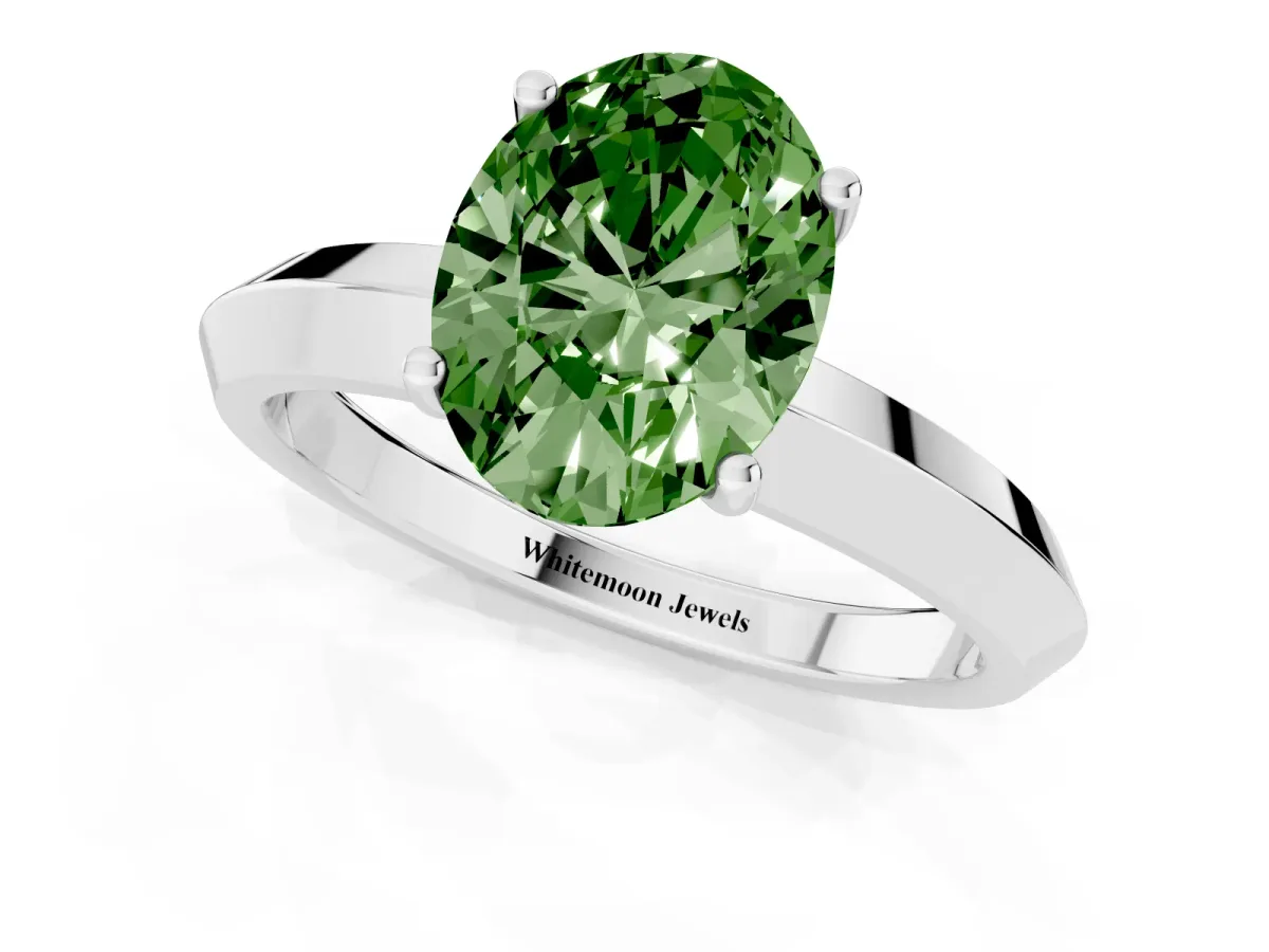 Fancy Green Oval Cut Cut Solitaire Engagement Ring with Flat Band and Four-Prong Setting White gold