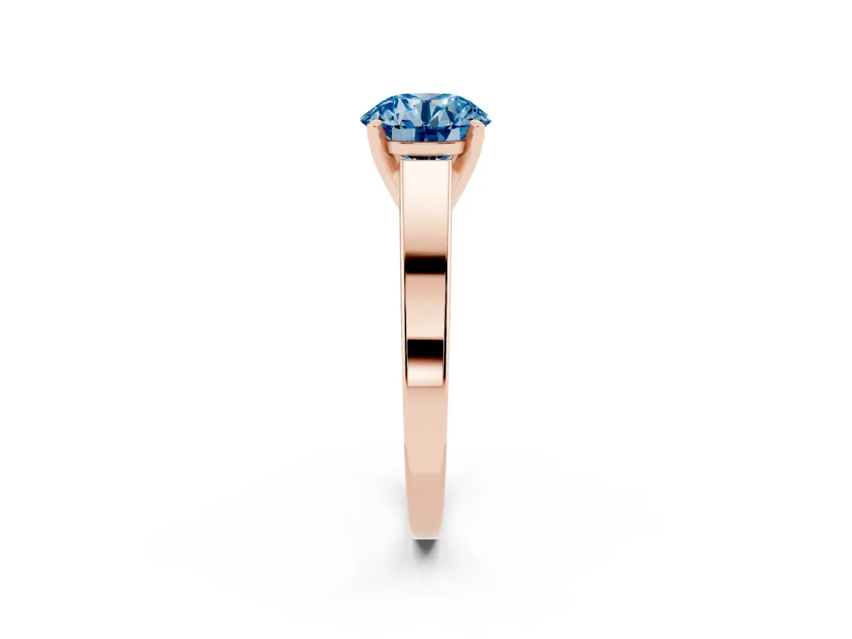 Fancy Blue Round Cut Solitaire Engagement Ring with Four-Prong Setting and Tapered Band Rose gold