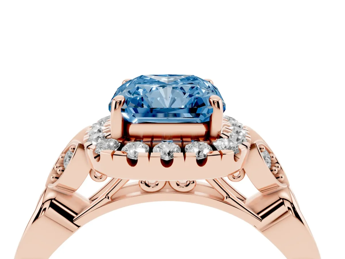 Fancy Blue Radiant Cut Halo Diamond Engagement Ring with Vintage-Inspired Band and Four-Prong Setting Rose gold