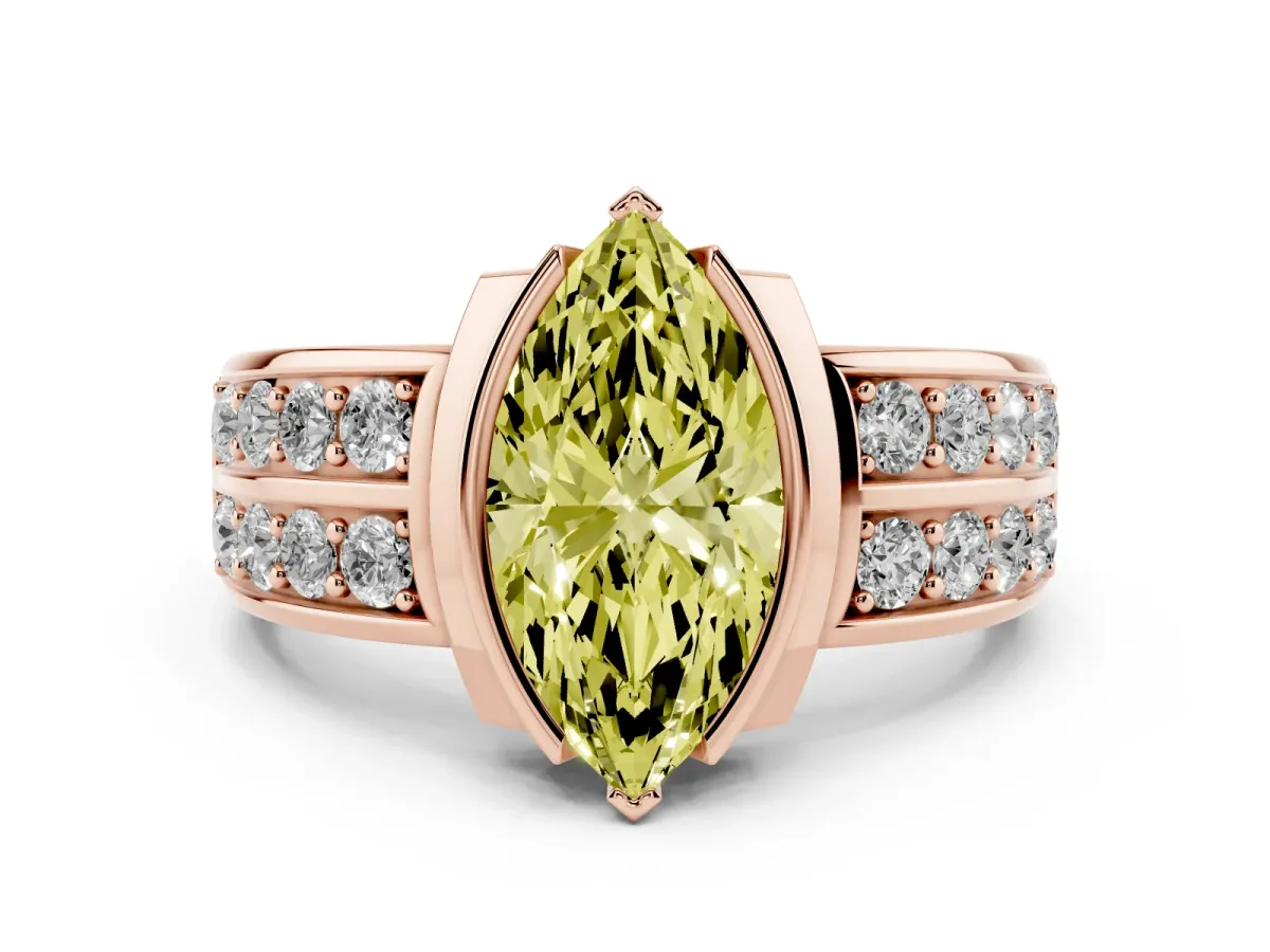 Fancy Yellow Marquise Cut Brilliant Diamond Channel Set Wide Band Ring with Bezel Setting Rose gold