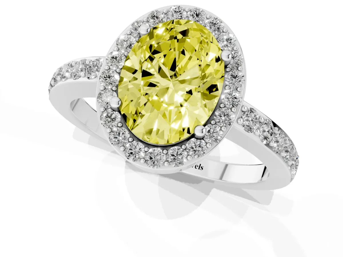 Fancy Yellow Oval Cut Halo Diamond Pavé Band Ring with Prong Setting Silver