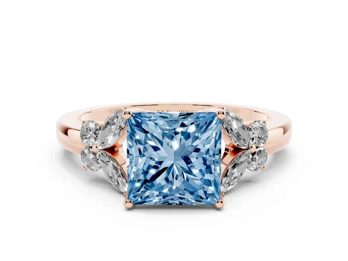 Fancy Blue Princess Cut Cut Solitaire Floral Diamond Ring with Four-Prong Setting Rose gold