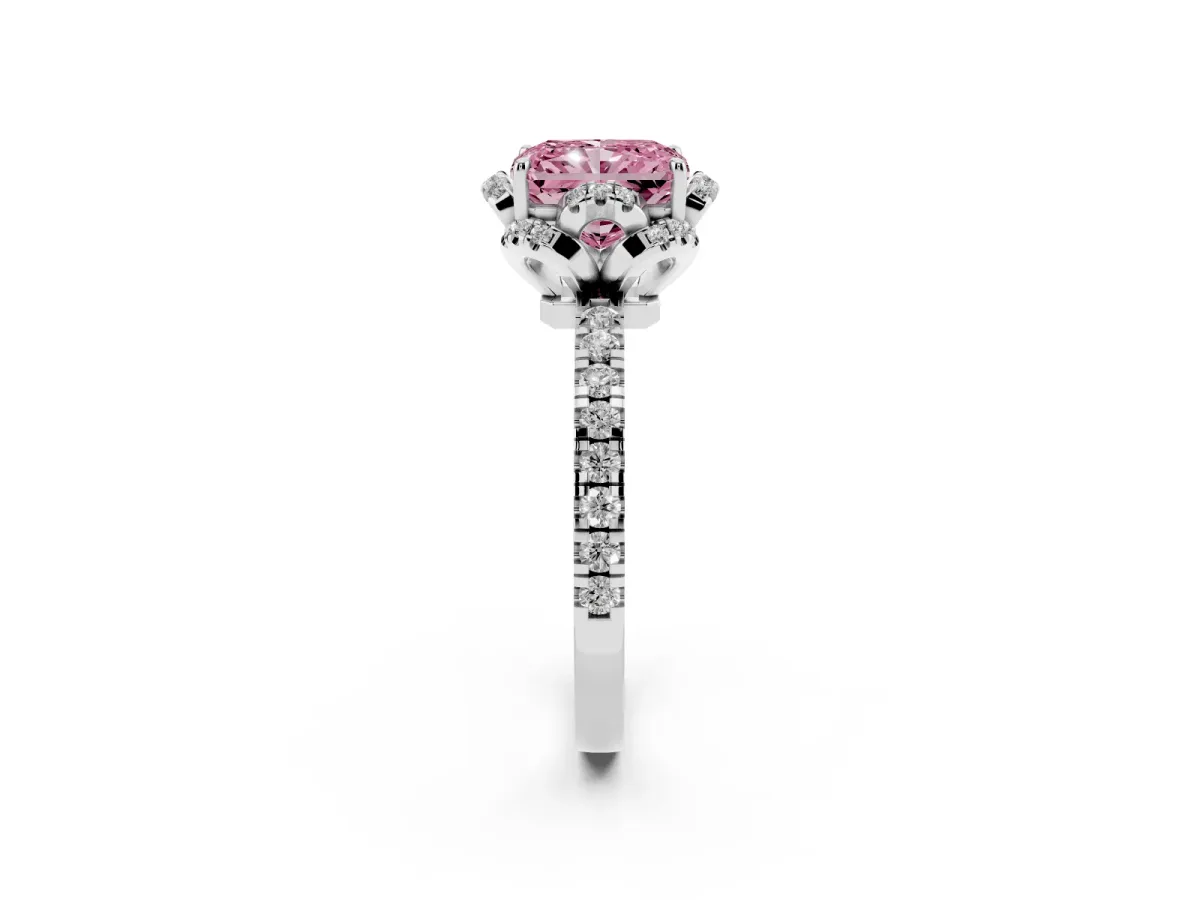 Fancy Pink Radiant Cut Halo Diamond Pave Band Ring with Four-Prong Setting Silver