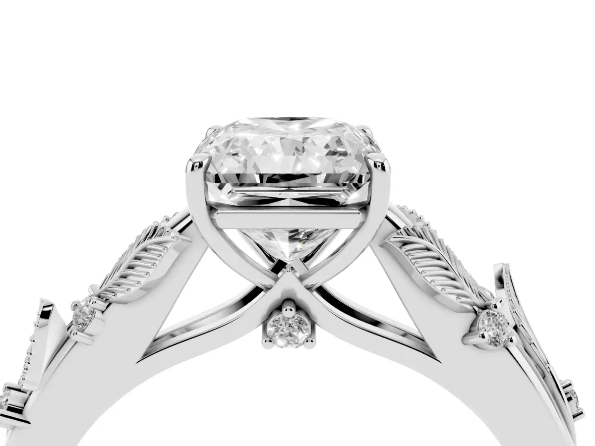 Radiant Cut Diamond Solitaire Ring with Leaf Motif Band and Four-Prong Setting Silver