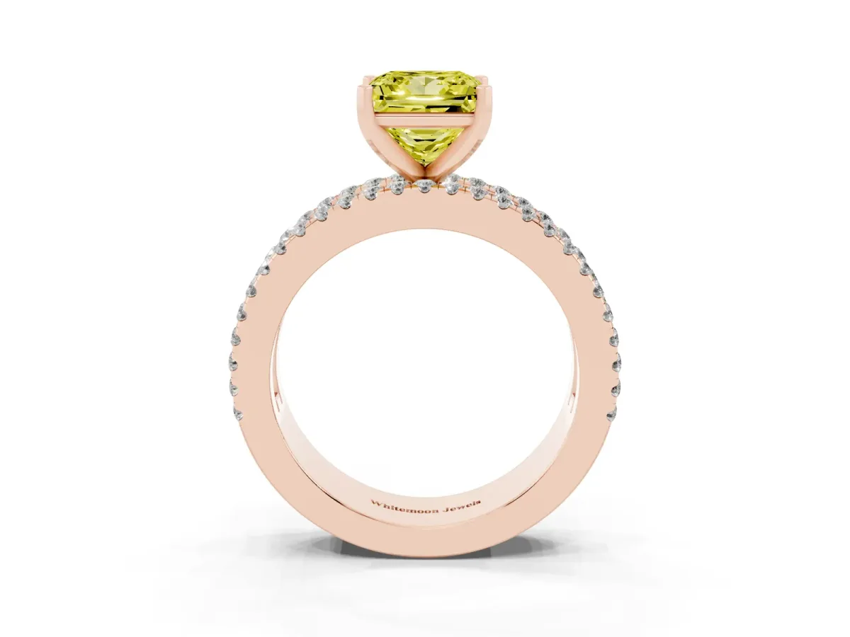 Fancy Yellow Princess Cut Diamond Solitaire Ring with Pavé and Channel Set Band Rose gold