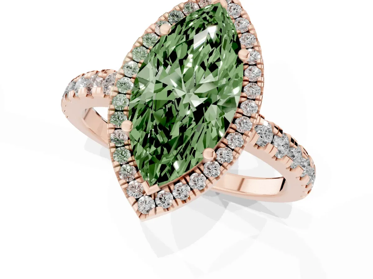 Fancy Green Marquise Cut Diamond Halo Ring with Pavé Band and Four-Prong Setting Rose gold
