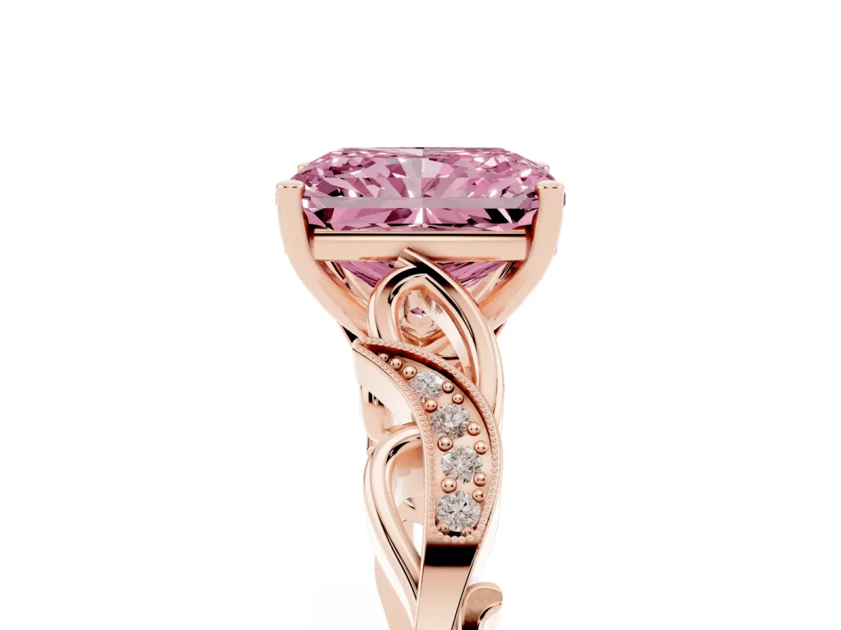 Fancy Pink Radiant Cut Solitaire Vine Band with Milgrain Prong Setting Rose gold