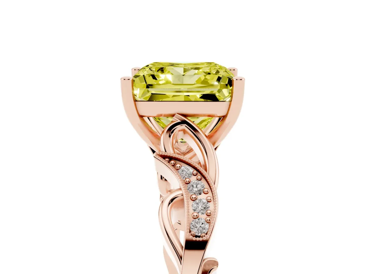 Fancy Yellow Princess Cut Solitaire Vine Band with Milgrain Prong Setting Rose gold