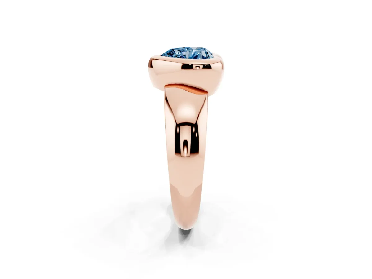 Fancy Blue Bezel Set Heart Cut Solitaire Ring with Wide Band Rose gold