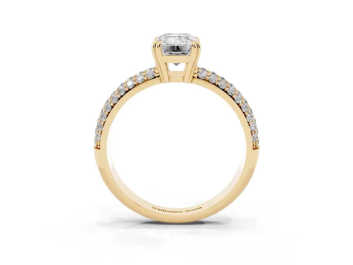 Emerald Cut Diamond Solitaire Ring with Multi-Row Round Pavé Band and Prong Setting Yellow gold