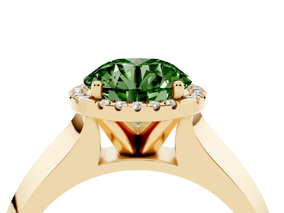 Fancy Green Round Cut Halo Diamond Ring with Cathedral Band and Four-Prong Setting Yellow gold