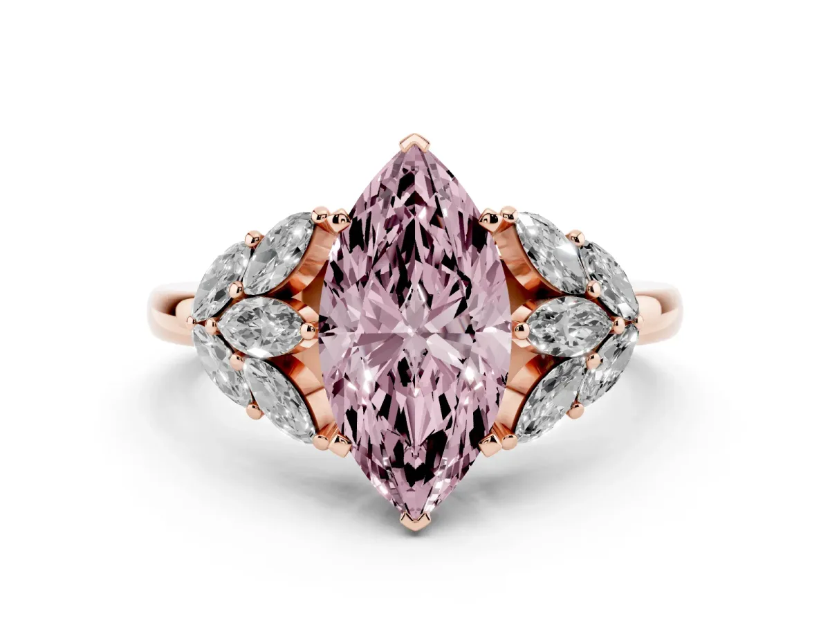 Fancy Pink Marquise Cut Diamond Cluster Leaf Design Ring with Prong Setting Rose gold